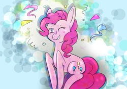 Size: 2507x1763 | Tagged: safe, artist:hellspice, pinkie pie, earth pony, pony, g4, abstract background, confetti, female, one eye closed, solo, wink