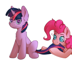 Size: 1229x1080 | Tagged: safe, artist:senaelik, pinkie pie, twilight sparkle, earth pony, pony, unicorn, g4, annoyed, bags under eyes, biting, chest fluff, duo, ear fluff, female, frown, mare, nom, simple background, sitting, tail bite, transparent background, twilight sparkle is not amused, unamused