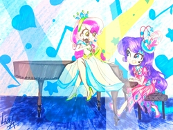 Size: 2813x2117 | Tagged: safe, artist:liaaqila, rarity, sweetie belle, equestria girls, g4, clothes, commission, concert, dress, duo, female, flower, flower in hair, gala dress, high res, microphone, musical instrument, piano, singing, sisters, traditional art