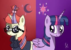 Size: 1746x1242 | Tagged: safe, artist:thesilverlightshines, moondancer, twilight sparkle, alicorn, pony, unicorn, g4, clothes, cutie mark, duo, female, folded wings, glasses, gradient background, horn, lesbian, long mane, looking at each other, mare, ponytail, ship:twidancer, shipping, smiling, split screen, sweater, three quarter view, twilight sparkle (alicorn), wings