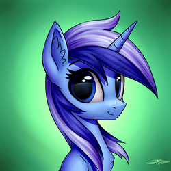 Size: 3000x3000 | Tagged: safe, artist:setharu, minuette, pony, unicorn, g4, bust, chest fluff, cute, ear fluff, eye reflection, female, gradient background, high res, looking at you, mare, minubetes, portrait, reflection, signature, smiling, solo