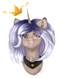 Size: 1385x1778 | Tagged: safe, artist:mauuwde, oc, oc only, pony, unicorn, blushing, bust, crown, female, glasses, jewelry, mare, portrait, regalia, simple background, solo, transparent background