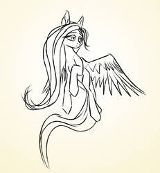 Size: 1368x1480 | Tagged: safe, artist:akweer, fluttershy, pony, g4, black and white, female, grayscale, monochrome, simple background, sketch, solo, white background