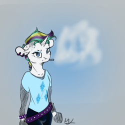 Size: 600x600 | Tagged: safe, artist:laurasscetches, rarity, anthro, g4, alternate hairstyle, arm hooves, belt, cigarette, clothes, female, hooves, punk, raripunk, solo