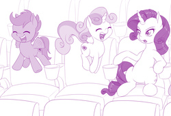 Size: 1176x800 | Tagged: safe, artist:dstears, rarity, scootaloo, sweetie belle, pegasus, pony, unicorn, g4, cinema, cute, cutealoo, diasweetes, eyes closed, female, filly, flapping, flapping wings, foal, horn, jumping, mare, monochrome, open mouth, sitting, spread wings, the cmc's cutie marks, wings