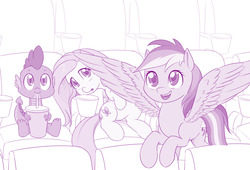 Size: 1176x800 | Tagged: safe, artist:dstears, fluttershy, rainbow dash, spike, dragon, pegasus, pony, g4, cinema, drink, female, male, mare