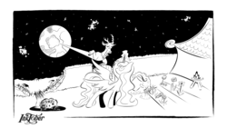 Size: 2560x1440 | Tagged: safe, artist:spirittis, discord, princess luna, g4, inktober, inktober 2017, long, moon, space