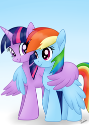 Size: 2480x3507 | Tagged: safe, artist:twidasher, rainbow dash, twilight sparkle, alicorn, pegasus, pony, g4, duo, female, high res, hug, lesbian, looking at each other, ship:twidash, shipping, twilight sparkle (alicorn), winghug