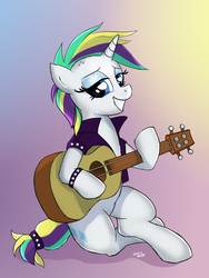 Size: 1200x1600 | Tagged: safe, artist:hardbrony, rarity, pony, unicorn, g4, it isn't the mane thing about you, acoustic guitar, alternate hairstyle, clothes, female, guitar, mare, musical instrument, punk, raripunk, smiling, solo