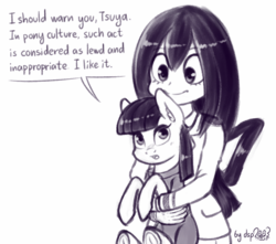 Size: 1490x1315 | Tagged: safe, artist:dsp2003, maud pie, earth pony, human, pony, g4, comic, crossover, cute, duo, duo female, female, holding a pony, inktober, lewd, mai waifus have met, mare, maudabetes, monochrome, my hero academia, simple background, single panel, sketch, tsuyu asui, white background