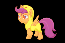 Size: 1024x681 | Tagged: safe, artist:chibikemono, scootaloo, g4, animal costume, black background, chicken suit, clothes, costume, cute, cutealoo, happy, kigurumi, red eyes, scootachicken, simple background