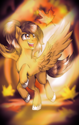 Size: 635x1000 | Tagged: safe, artist:not-ordinary-pony, oc, oc only, pegasus, pony, art trade, autumn, female, leaf, mare, open mouth, smiling, solo