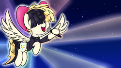 Size: 5120x2880 | Tagged: safe, artist:prismstreak, songbird serenade, pegasus, pony, g4, my little pony: the movie, bow, clothes, female, flying, hair bow, hair over eyes, mare, microphone, rainbow (song), sia (singer), singing, solo, tinyface