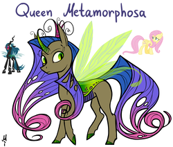 Size: 1236x1048 | Tagged: safe, artist:milchik, fluttershy, queen chrysalis, oc, changeling, hybrid, pony, g4, fusion
