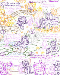 Size: 1280x1611 | Tagged: safe, artist:adorkabletwilightandfriends, spike, starlight glimmer, twilight sparkle, alicorn, dragon, pony, unicorn, comic:adorkable twilight and friends, g4, above, adorkable twilight, allergies, autumn, butt, comic, forest, glowing, glowing horn, high angle, horn, leaves, lineart, magic, magic aura, nose blowing, perspective, plot, river, slice of life, snot, telekinesis, tissue, tree, twilight sparkle (alicorn)