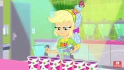 Size: 1280x720 | Tagged: safe, screencap, applejack, equestria girls, g4, my little pony equestria girls: summertime shorts, shake things up!, blender (object), clothes, cup, female, hairnet, hat, smiling, solo, youtube link