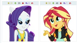 Size: 833x468 | Tagged: safe, rarity, sunset shimmer, derpibooru, equestria girls, equestria girls specials, g4, my little pony equestria girls: dance magic, juxtaposition, meta, ponied up, smiling