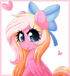 Size: 2990x3274 | Tagged: safe, artist:fluffymaiden, oc, oc only, oc:bay breeze, pegasus, pony, bow, cute, female, hair bow, heart, high res, mare, ocbetes, smiling, solo, tongue out