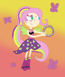 Size: 1008x1184 | Tagged: safe, artist:04startycornonline88, fluttershy, human, equestria girls, g4, alternate hairstyle, boots, clothes, costume, dress, equestria girls costumes, female, flutterrage, high heel boots, humanized, musical instrument, shoes, solo, tambourine, wings