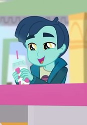 Size: 310x447 | Tagged: safe, screencap, henry handle, manestrum, equestria girls, g4, my little pony equestria girls: summertime shorts, shake things up!, background human, cropped, drink, male, smiling, solo
