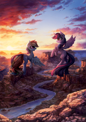 Size: 954x1349 | Tagged: safe, artist:inowiseei, rainbow dash, twilight sparkle, alicorn, pegasus, pony, g4, canyon, duo, female, flying, looking at each other, mare, scenery, scenery porn, smiling, twilight sparkle (alicorn)