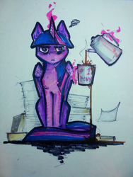 Size: 1224x1632 | Tagged: safe, artist:batonya12561, twilight sparkle, alicorn, pony, g4, bags under eyes, coffee, cup, female, magic, paper, solo, telekinesis, traditional art, twilight sparkle (alicorn)