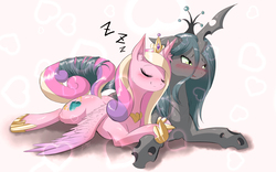 Size: 1920x1200 | Tagged: safe, artist:phoenixperegrine, princess cadance, queen chrysalis, alicorn, changeling, changeling queen, pony, g4, blushing, cute, cutealis, eyes closed, female, heart, intertwined tails, lesbian, mare, prone, ship:cadalis, shipping, sleeping, smiling, zzz