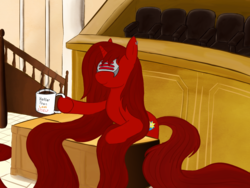 Size: 2048x1536 | Tagged: safe, artist:summersstarsepos643, oc, oc only, oc:summer stars, pony, ace attorney, coffee, courtroom, female, godot, long mane, long tail, mare, ponified, solo
