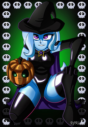 Size: 1000x1444 | Tagged: safe, artist:xjkenny, trixie, equestria girls, g4, boots, clothes, female, gloves, halloween, holiday, jack-o-lantern, leotard, long gloves, pumpkin, shoes, solo, thigh boots, witch