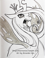 Size: 921x1179 | Tagged: safe, artist:alienfirst, queen chrysalis, changeling, changeling queen, g4, crown, female, grayscale, jewelry, monochrome, open mouth, regalia, sharp teeth, solo, teeth, traditional art
