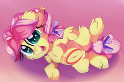 Size: 2000x1339 | Tagged: safe, artist:discorded, kettle corn, earth pony, pony, g4, marks and recreation, belly button, cute, female, filly, hnnng, imminent belly rub, kettlebetes, open mouth, smiling, solo