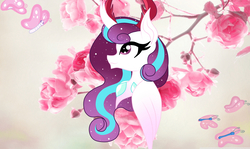 Size: 2010x1200 | Tagged: safe, artist:owocrystalcatowo, oc, oc only, oc:rose heart, butterfly, changepony, hybrid, bust, female, flower, mare, offspring, parent:princess flurry heart, parent:thorax, parents:flurrax, portrait, solo