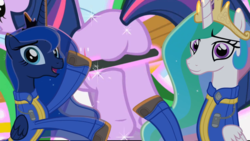 Size: 1280x720 | Tagged: safe, artist:2snacks, edit, edited screencap, screencap, princess celestia, princess luna, twilight sparkle, alicorn, pony, unicorn, two best sisters play, g4, winter wrap up, butt, clothes, fallout, jumpsuit, plot, vault suit