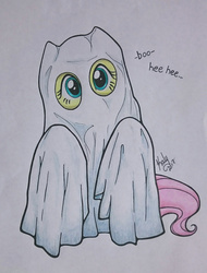 Size: 1554x2048 | Tagged: safe, artist:kalyandra, fluttershy, ghost, g4, bedsheet ghost, boo, clothes, costume, cute, disguise, female, flutterghost, ghost costume, giggling, halloween, halloween costume, holiday, looking at you, scary, shyabetes, solo, spoopy, traditional art