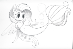 Size: 3507x2353 | Tagged: safe, artist:taurson, fluttershy, pegasus, seapony (g4), g4, my little pony: the movie, bubble, cute, dorsal fin, female, fin, fin wings, fins, fish tail, flowing mane, flowing tail, high res, inktober, mare, monochrome, ocean, scales, seaponified, seapony fluttershy, smiling, solo, species swap, spread wings, swimming, tail, traditional art, underwater, water, wings