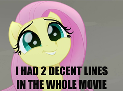 Size: 1088x808 | Tagged: safe, edit, edited screencap, screencap, fluttershy, pegasus, pony, g4, my little pony: the movie, caption, cropped, cute, debate in the comments, drama, female, looking up, mare, movie drama, shyabetes, smiling, solo, text