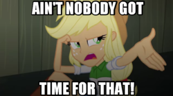 Size: 600x337 | Tagged: safe, artist:haleyc4629, screencap, applejack, equestria girls, g4, my little pony equestria girls: rainbow rocks, annoyed, female, hurry, image macro, impatience, impatient, inspiration, meme, parody, solo, song reference, sweet brown, trapped, unimpressed