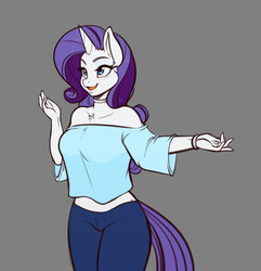 Size: 1735x1800 | Tagged: safe, artist:scorpdk, rarity, unicorn, anthro, g4, belly button, chest fluff, choker, clothes, female, mare, midriff, open mouth, pants, short shirt, simple background, smiling, solo