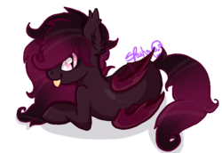 Size: 908x624 | Tagged: safe, artist:spooky-kitteh, oc, oc only, oc:strawberry swisher, bat pony, pony, female, mare, prone, simple background, solo, tongue out, transparent background