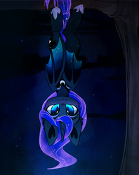 Size: 1158x1460 | Tagged: safe, artist:magnaluna, princess luna, alicorn, bat, bat pony, bat pony alicorn, pony, g4, :3, bat ponified, cheek fluff, cute, cute little fangs, fangs, female, hanging, hanging upside down, looking at you, lunabat, lunabetes, mare, prehensile tail, race swap, smiling, solo, tree, upside down