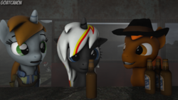 Size: 3840x2160 | Tagged: safe, artist:goatcanon, oc, oc:blackjack, oc:calamity, oc:littlepip, oc:velvet remedy, pegasus, pony, unicorn, fallout equestria, fallout equestria: project horizons, 3d, alcohol, bar, beer, clothes, crossover, fallout, fanfic, fanfic art, female, hat, high res, horn, jumpsuit, male, mare, source filmmaker, stallion, vault suit, wings