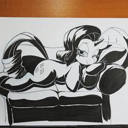 Size: 1080x1080 | Tagged: safe, artist:sketchwhatyousee, rarity, pony, unicorn, g4, couch, female, inktober, lidded eyes, mare, monochrome, one eye closed, smiling, solo, traditional art, wink