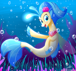 Size: 1871x1742 | Tagged: safe, artist:the-butch-x, princess skystar, seapony (g4), g4, my little pony: the movie, bioluminescent, blue eyes, blue mane, blue tail, bubble, coral, crepuscular rays, cute, digital art, dorsal fin, female, fin, fin wings, fins, fish tail, floppy ears, flower, flower in hair, flowing mane, flowing tail, freckles, happy, jewelry, looking at you, necklace, open mouth, open smile, pearl necklace, scales, seaquestria, seashell, seashell necklace, seaweed, signature, smiling, smiling at you, solo, spread wings, swimming, tail, teeth, underwater, wings
