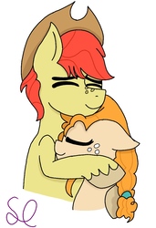 Size: 702x1024 | Tagged: safe, artist:sketchlines, bright mac, pear butter, earth pony, pony, g4, cute, female, hat, hug, male, ship:brightbutter, shipping, straight