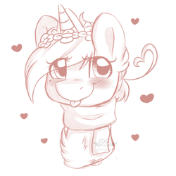 Size: 3000x3000 | Tagged: safe, artist:lionbun, oc, oc only, pony, unicorn, blushing, bust, clothes, floral head wreath, flower, heart, high res, raspberry, scarf, solo, tongue out