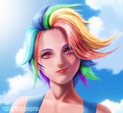 Size: 1732x1586 | Tagged: safe, artist:bellheller, rainbow dash, human, g4, clothes, cute, dashabetes, female, humanized, looking at you, multicolored hair, sky, smiling, solo