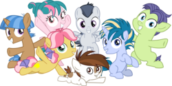Size: 4599x2300 | Tagged: safe, artist:frownfactory, cucumber seed, kettle corn, mocha berry, pipsqueak, rumble, skeedaddle, tulip swirl, earth pony, pegasus, pony, unicorn, g4, marks and recreation, .svg available, colt, female, filly, high res, horn, male, simple background, svg, transparent background, two toned mane, two toned tail, vector, wings