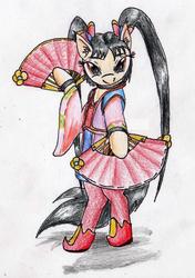 Size: 1456x2069 | Tagged: safe, artist:40kponyguy, derpibooru exclusive, earth pony, pony, bipedal, boots, clothes, crossover, daqiao, dynasty warriors, fan, hoof hold, looking at you, pigtails, ponified, shoes, solo, traditional art, twintails