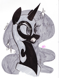 Size: 800x1056 | Tagged: safe, artist:ryuredwings, nightmare moon, alicorn, pony, g4, bust, female, inktober, mare, portrait, simple background, solo, traditional art, white background