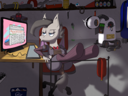 Size: 3600x2700 | Tagged: safe, artist:skydiggitydive, oc, oc only, oc:wing dancer, bat pony, robot, anthro, chair, clothes, computer, high res, hooves up, indoors, plumbus, portal, portal (valve), solo, text, trash, wheatley